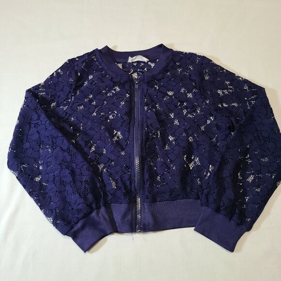Beautees Girls Blue Lace Bomber Jacket Size 7 Floral Zip-Up Lightweight Layer - Picture 1 of 6